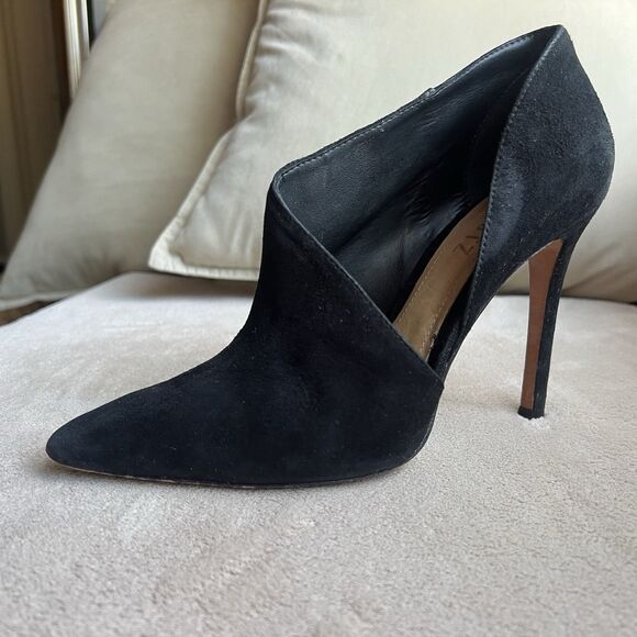 Schutz Black Suede Wrap Stiletto Heel Pump Booties Women 6.5 B Chic Sexy Minimal - Picture 2 of 14